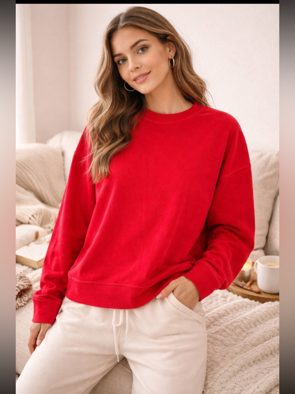 Aerie Women's Soft Red Pullover Sweatshirt Size Medium Cozy Patriotic Coastal